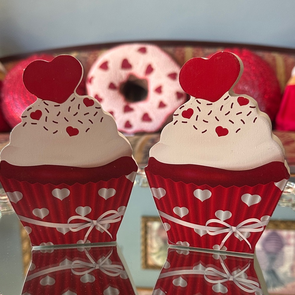 Valentines Day Red and White Wooden Heart Cupcake Decor Set of Two